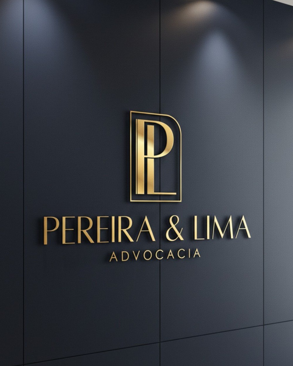 Logotipo Pereira & Lima Advocacia aplicado em relevo dourado na parede do escrit&oacute;rio