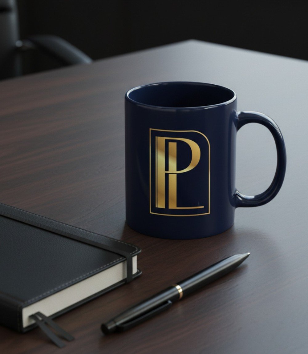 Caneca com o monograma Pereira & Lima sobre a mesa do escrit&oacute;rio