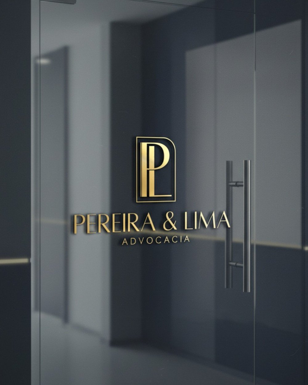 Logotipo Pereira & Lima Advocacia aplicado na porta de vidro do escrit&oacute;rio